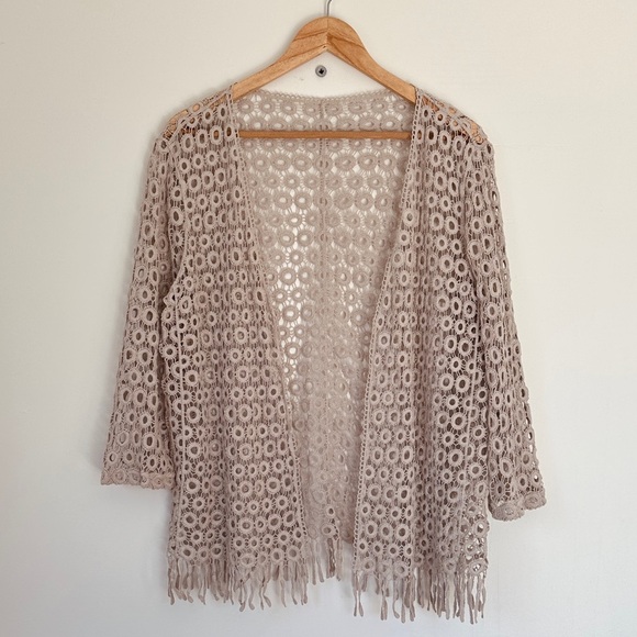 Lacy crochet cream cardigan - fine yarn - tassle detail - no tag - L. B - Picture 1 of 6